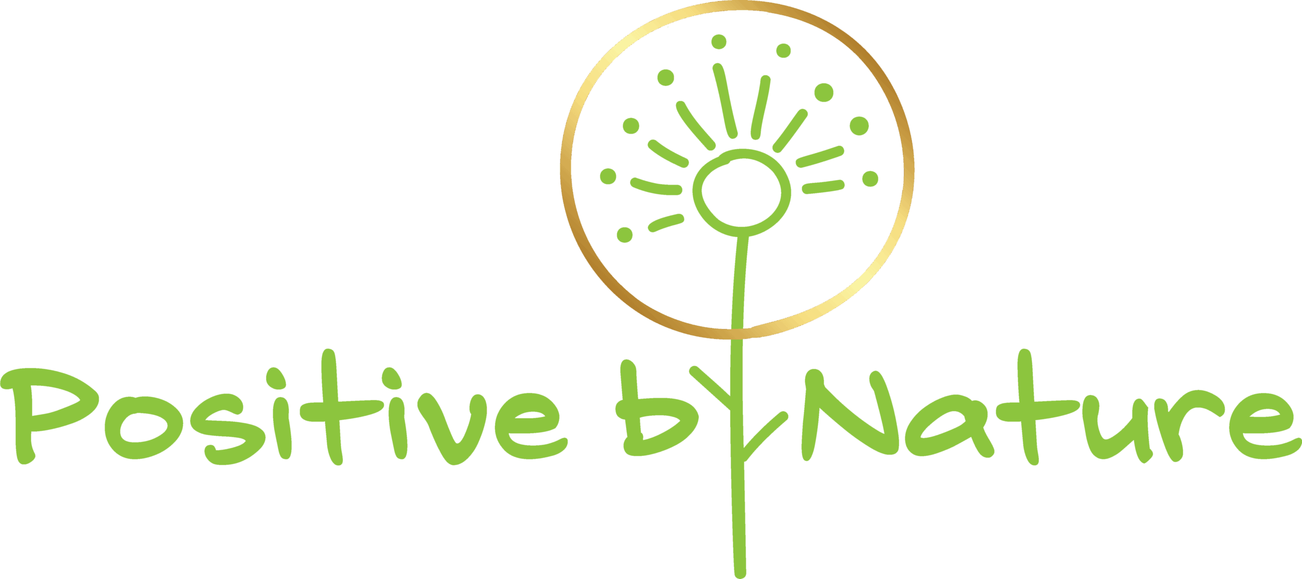 Het logo toont een gestileerde groene paardenbloem, elegant gecombineerd met de zin "Positive by Nature", wat een gevoel van natuurlijk optimisme vastlegt.